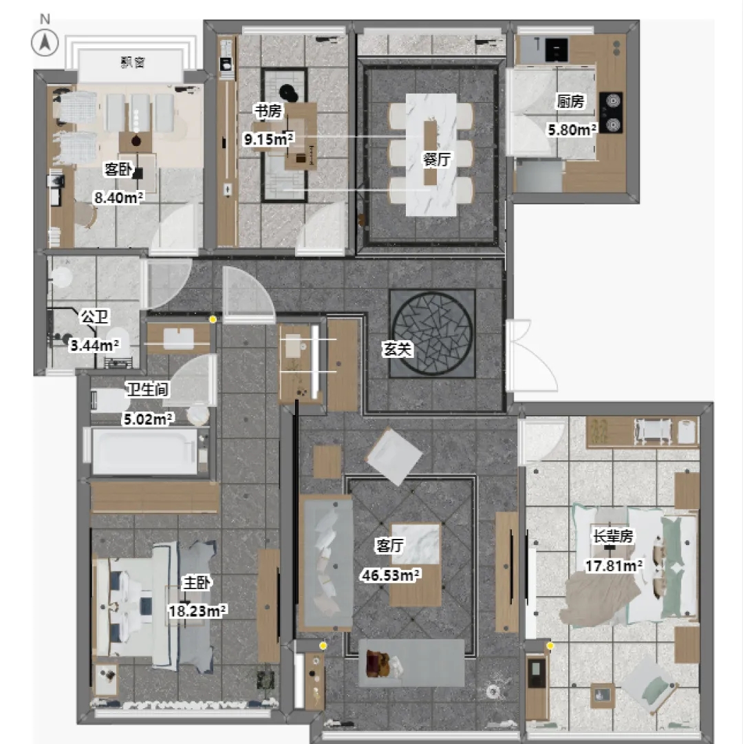 AG尊龙岩板114.4㎡的平层住宅平面图